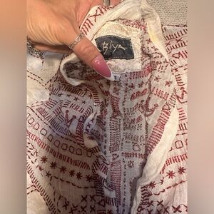 Johnny Was Ivory and Burgundy Embroidered Blouse